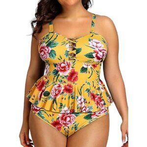 Yellow Floral Peplum Tankini Swimsuit Size XL NWT #7135